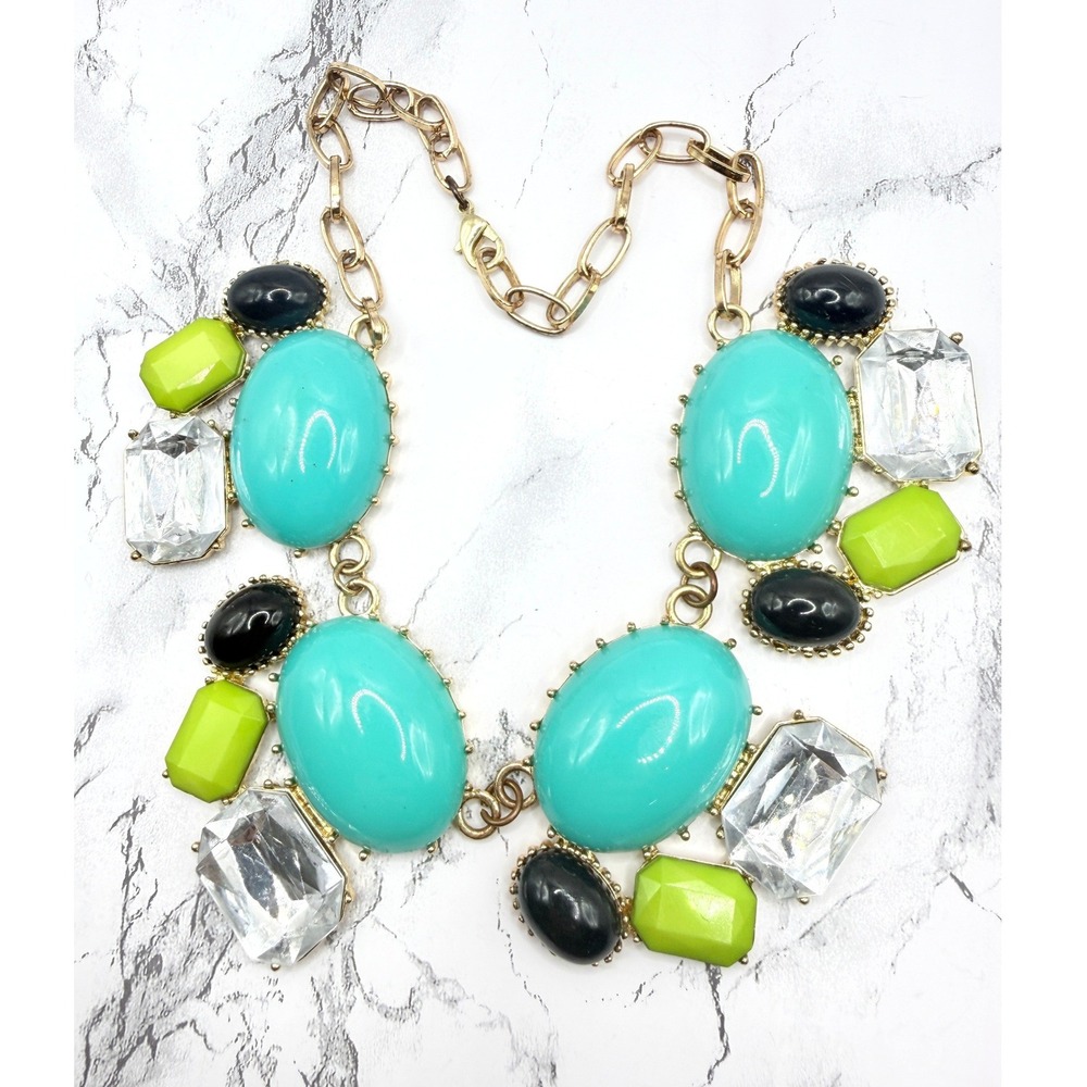 Vintage Teal Lime Green Rhinestone Bib Necklace 16" Gold Tone Statement